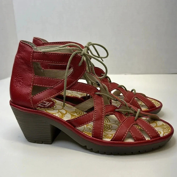 Fly London Lace Up Leather High Heel Open Toe Shoes Sandals Red Size 37 6.5 - 7 - Picture 2 of 13